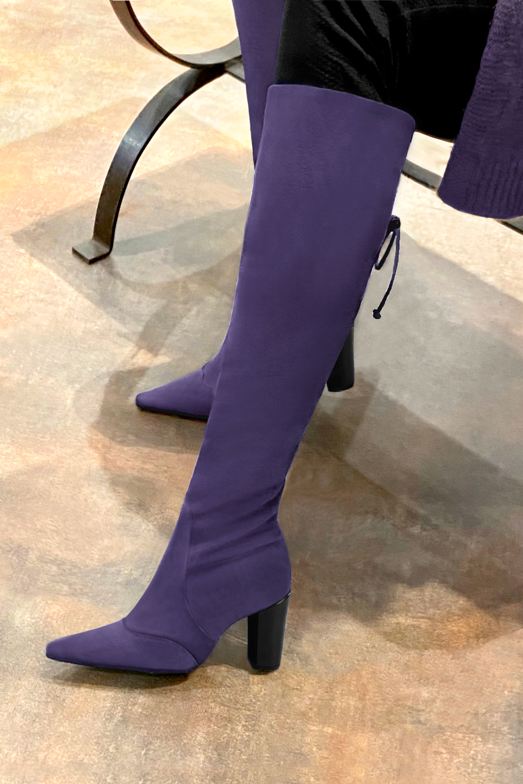 Lavender purple women's knee-high boots, with laces at the back. Tapered toe. Very high block heels. Made to measure. Worn view - Florence KOOIJMAN